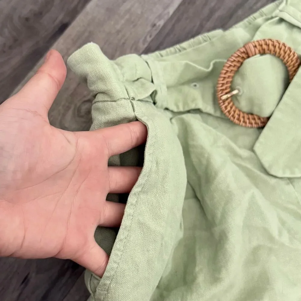 Sigrid Olsen 100% linen sage green belted shorts